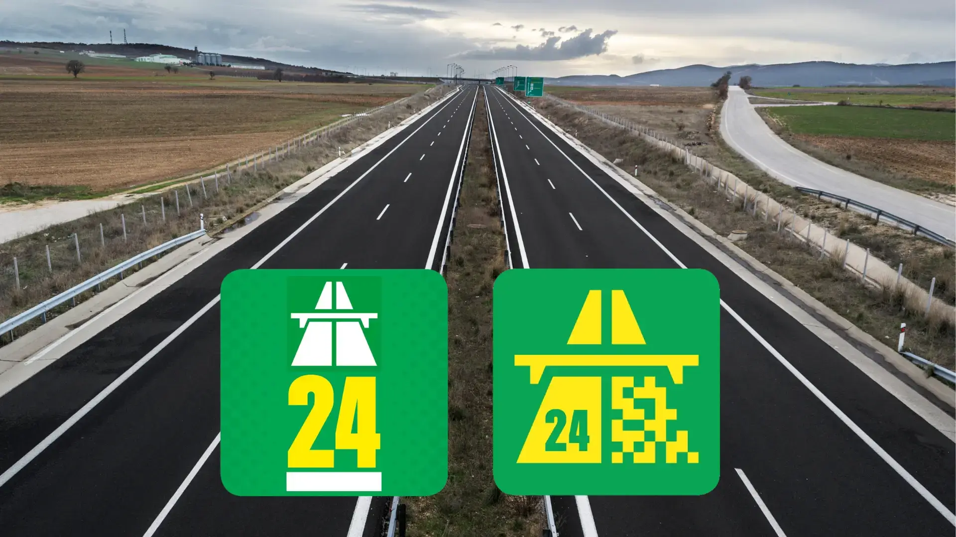 La vignettte 2024 autoroute et sa version digitale sur un fond d'autoroute